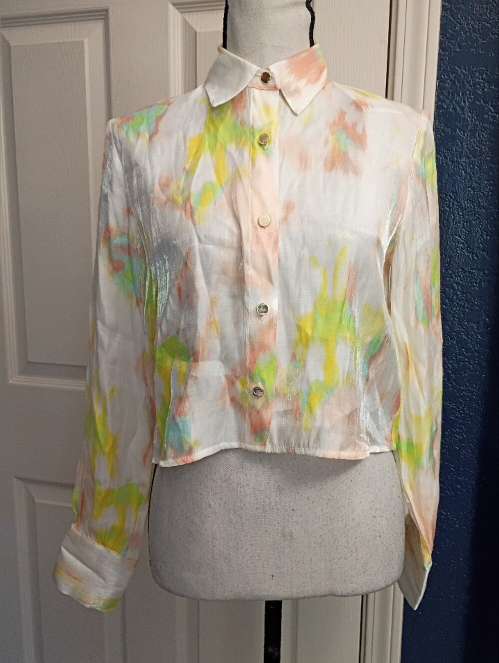 Nine West White Button-Front Cropped Watercolor Print Blouse